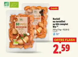 Lidl chef select Ravioli ou tortellini au blé complet Bio offre