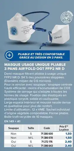 Prolians Masque usage unique pliable 3 pans air'fold ogt ffp2 nr d offre