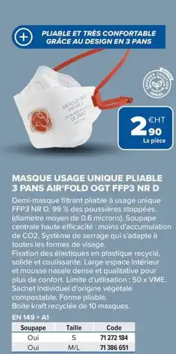 Prolians Masque usage unique pliable 3 pans air'fold ogt ffp3 nr d offre