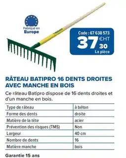 Prolians Râteau batipro 16 dents droites avec manche en bois offre