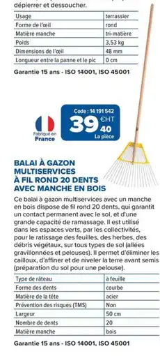Prolians Balai à gazon multiservices à fil rond 20 dents avec manche en bois offre