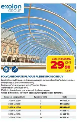 Prolians EXOLON Polycarbonate plaque pleine incolore uv offre