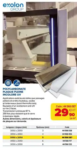 Prolians Polycarbonate plaque pleine incolore uv offre