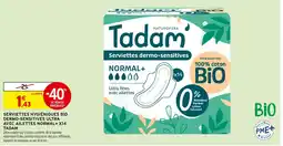 Intermarché Tadam Serviettes hygiéniques bio dermo-sensitives ultra avec ailettes normal+ x14 offre