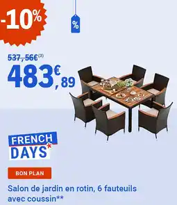 E.Leclerc Jardi Salon de jardin en rotin 6 fauteuils avec coussin offre