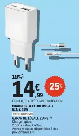 E.Leclerc Espace Culturel FORCE CO POWER Chargeur secteur usb-a + usb-c 30w offre