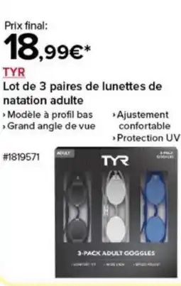 Costco TYR Lot de 3 paires de lunettes de natation adulte offre