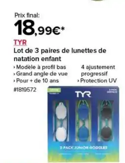 Costco TYR Lot de 3 paires de lunettes de natation enfant offre