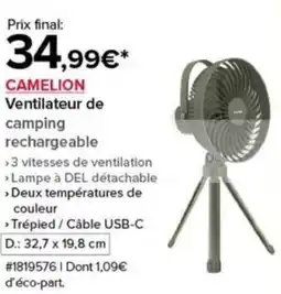 Costco CAMELION Ventilateur de camping rechargeable offre