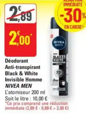 G20 Déodorant anti-transpirant black & white invisible homme nivea men offre