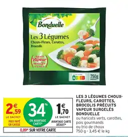 Intermarché Hyper Les 3 légumes choux fleurs carottes brocolis précuits vapeur surgelés bonduelle offre