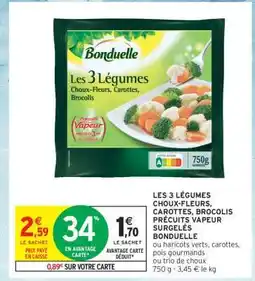 Intermarché Contact LES 3 LÉGUMES CHOUX-FLEURS, CAROTTES, BROCOLIS PRÉCUITS VAPEUR SURGELÉS BONDUELLE offre
