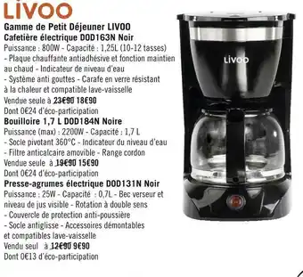 Géant Casino Livoo gamme de petit déjeuner cafetière électrique dod163n noir offre