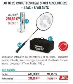 Casal Sport Lot de 20 raquettes casal sport absolute 520 + 1 sac + 6 volants offre