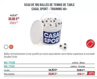 Casal Sport Seau de 100 balles de tennis de table offre