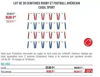 Casal Sport Lot de 20 ceintures rugby et football américain casal sport offre