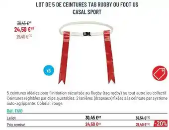 Casal Sport Lot de 5 de ceintures tag rugby ou foot us casal sport offre