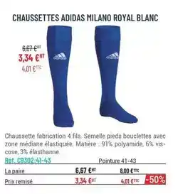 Casal Sport Adidas - chaussettes milano royal blanc offre