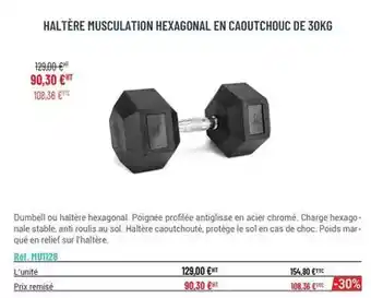 Haltère musulation hexagonal en caoutchouc de 30kg