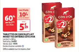 Auchan Direct Tablettes de chocolat lait noisettes entières côte d'or offre