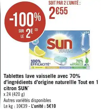 Géant Casino Sun tablettes lave-vaisselle avec 70% d’ingrédients d’origine naturelle tout en 1* offre