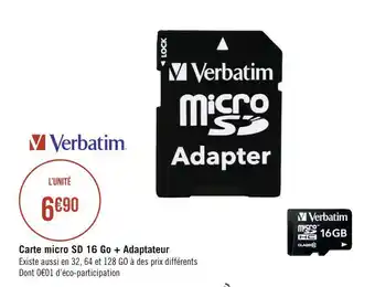 Géant Casino Verbatim carte micro sd 16 go + adaptateur offre
