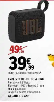 E.Leclerc ENCEINTE BT JBL GO 4 PINK offre