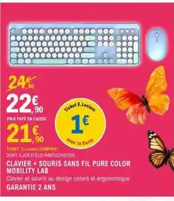 E.Leclerc CLAVIER + SOURIS SANS FIL PURE COLOR MOBILITY LAB offre