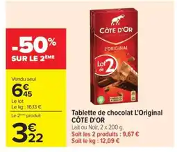 Carrefour Tablette de chocolat l'original CÔTE D'OR offre