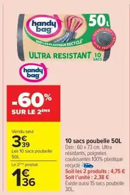 Carrefour Market 10 sacs poubelle 50L offre
