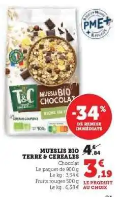 Super U Mueslis Bio Terre & Céréales Chocolat offre