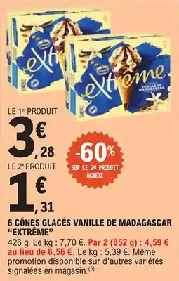 E.Leclerc "EXTRÊME" 6 cônes glacés vanille de madagascar offre