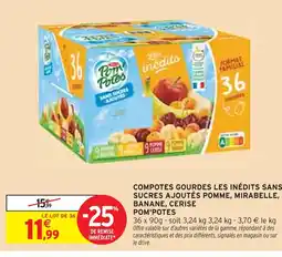 Intermarché POM'POTES Compotes gourdes les inédits sans sucres ajoutés pomme, mirabelle, banane, cerise offre