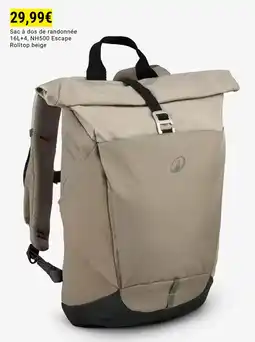 Decathlon Sac à dos de randonnée 16L+4, NH500 Escape Rolltop beige offre