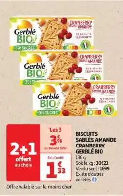 Auchan BISCUITS SABLÉS AMANDE CRANBERRY GERBLÉ BIO offre