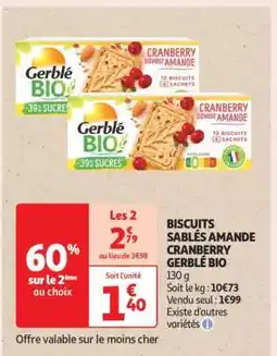 Auchan BISCUITS SABLÉS AMANDE CRANBERRY GERBLÉ BIO offre
