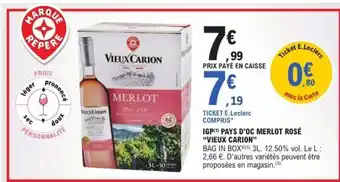 E.Leclerc IGP PAYS D'OC MERLOT ROSÉ 'VIEUX CARION' offre