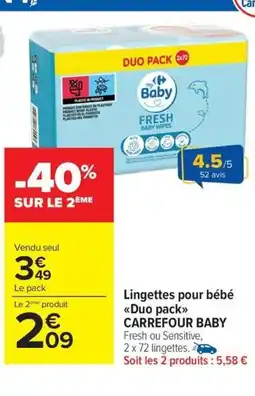 Carrefour Drive CARREFOUR BABY Lingettes pour bébé Duo pack offre