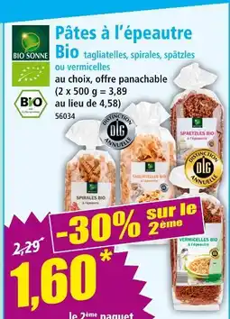 Norma BIO SONNE Pâtes à l’épeautre Bio tagliatelles, spirales, spätzles ou vermicelles offre