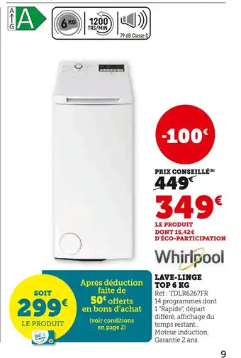 Hyper U WHIRLPOOL Lave-linge top 6 kg offre