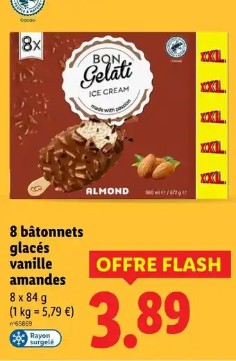 Lidl BON GELATI 8 bâtonnets glacés vanille amandes offre