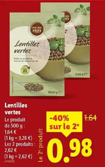 Lidl GOLDEN SUN Lentilles vertes offre
