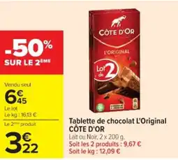 Cora x Carrefour CÔTE D'OR Tablette de chocolat L'Original offre