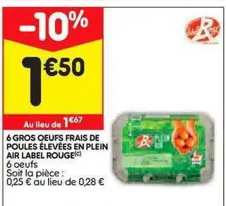 Leader Price 6 Gros Oeufs Frais De Poules élevées En Plein Air Label Rouge offre