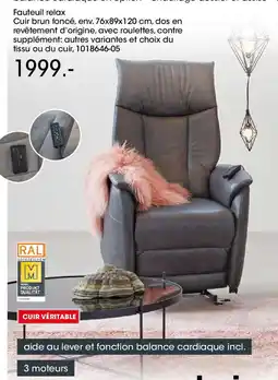 Möbel Martin Fauteuil relax Cuir brun foncé, env. 76x89x120 cm offre