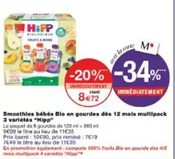Monop' Smoothies bébés bio en gourdes dès 12 mois multipack 3 variétés hipp offre