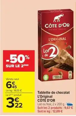 Carrefour Market Tablette de chocolat l'original CÔTE D'OR offre