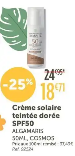 L'Eau Vive ALGAMARIS Crème solaire teintée dorée SPF50 offre