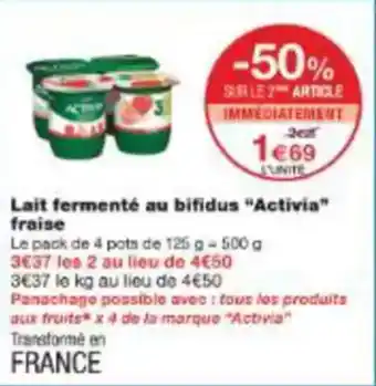 Monoprix Lait fermenté au bifidus activia fraise offre