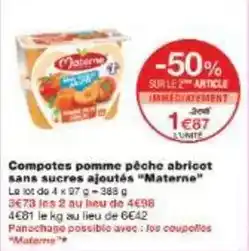 Monoprix Materne - compotes pomme peche abricot sans sucres ajoutés offre